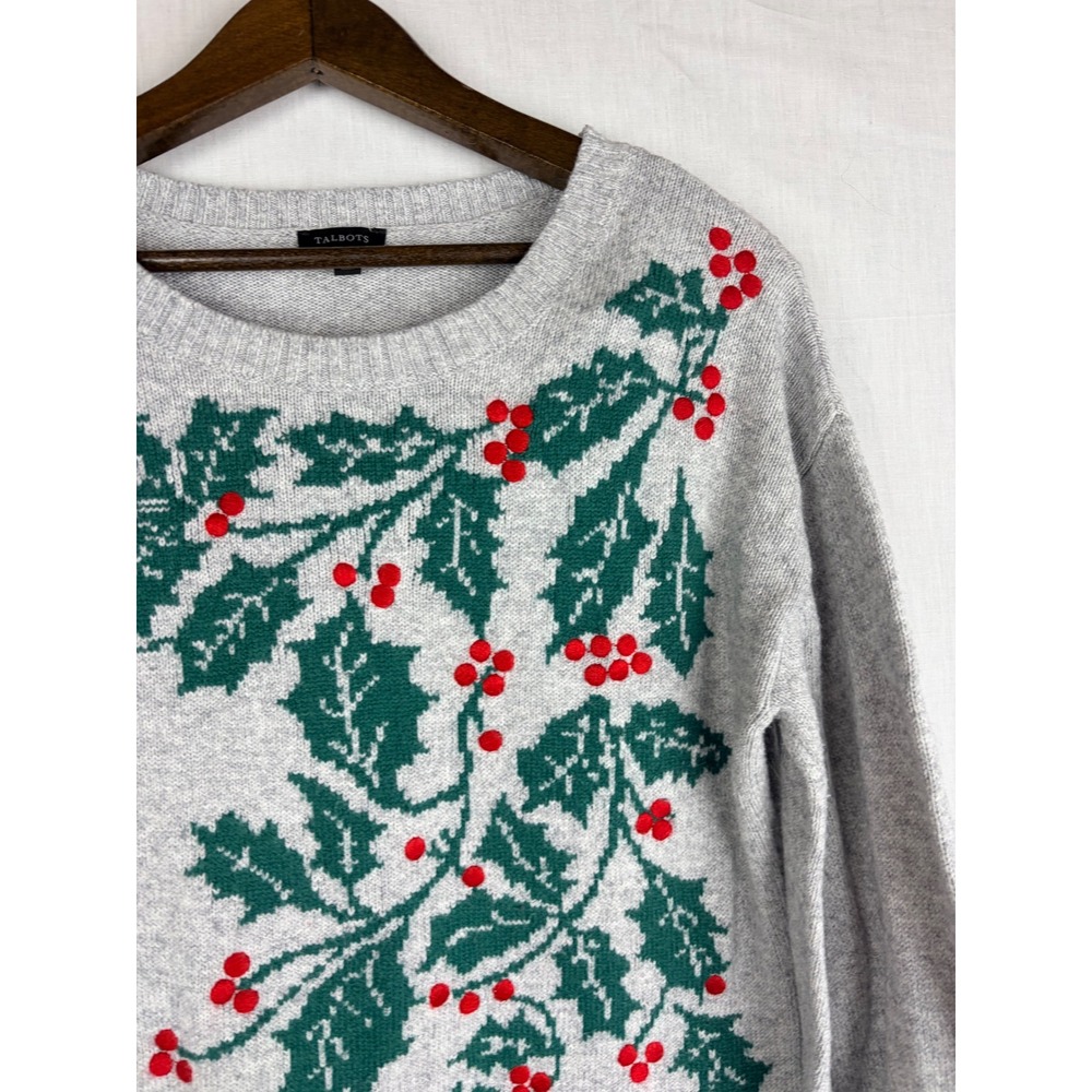 Talbots Womens Gray Holly Berry Intarsia Holiday Christmas Crewneck Sweater M - Picture 7 of 14
